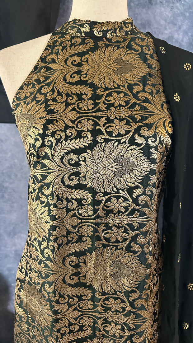 Black Brocade halterneck kurti with bottom and dupatta