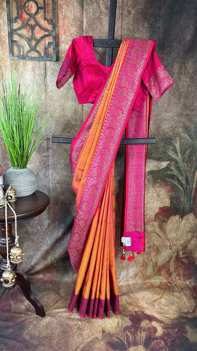 Pure silk Yellow matka saree with pink banarsi border and stitched blouse