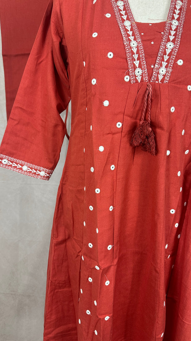 Coral color cotton kurti with bottom and dupatta