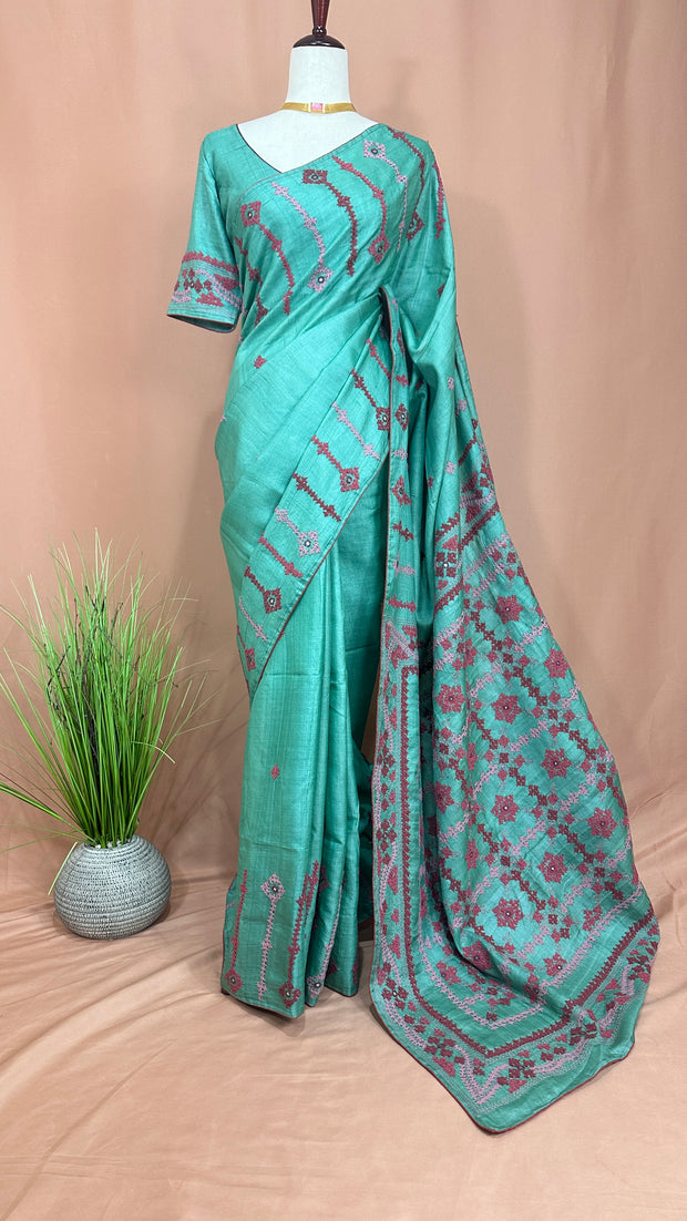 Pure tussar silk saree with kutch work, stitched blouse