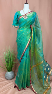 Light green double shaded pure handloom chanderi silk saree with stitched blouse