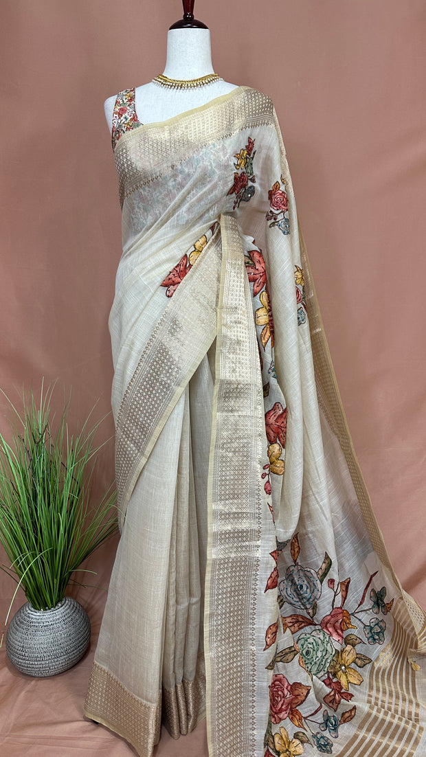 Banarsi tissue saree with kamalkari patch work, with contrast blouse