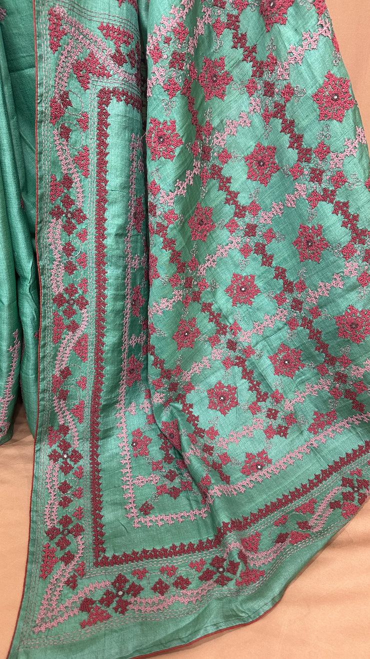 Pure tussar silk saree with kutch work, stitched blouse