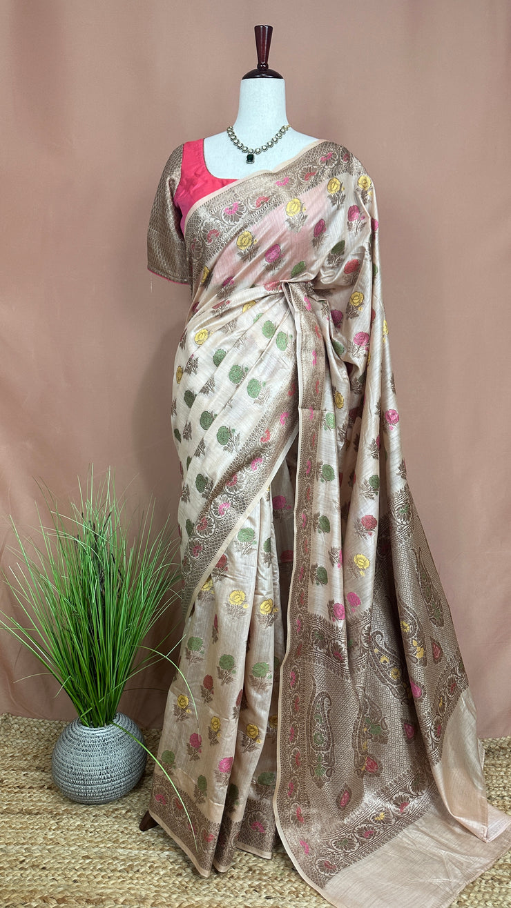 Pure munga silk saree with banarsi weave, stitched blouse