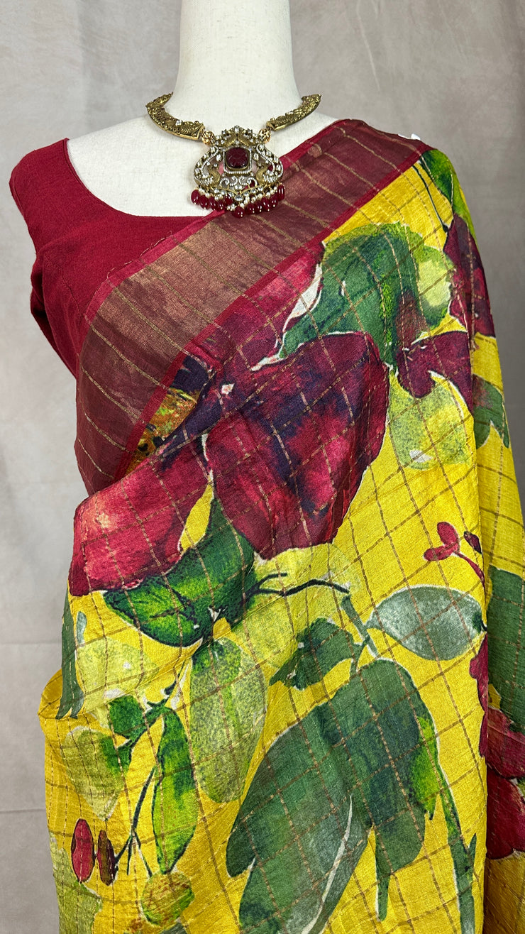 Silk mark certified Pure yellow tussar silk saree with digital floral print, with stitched blouse