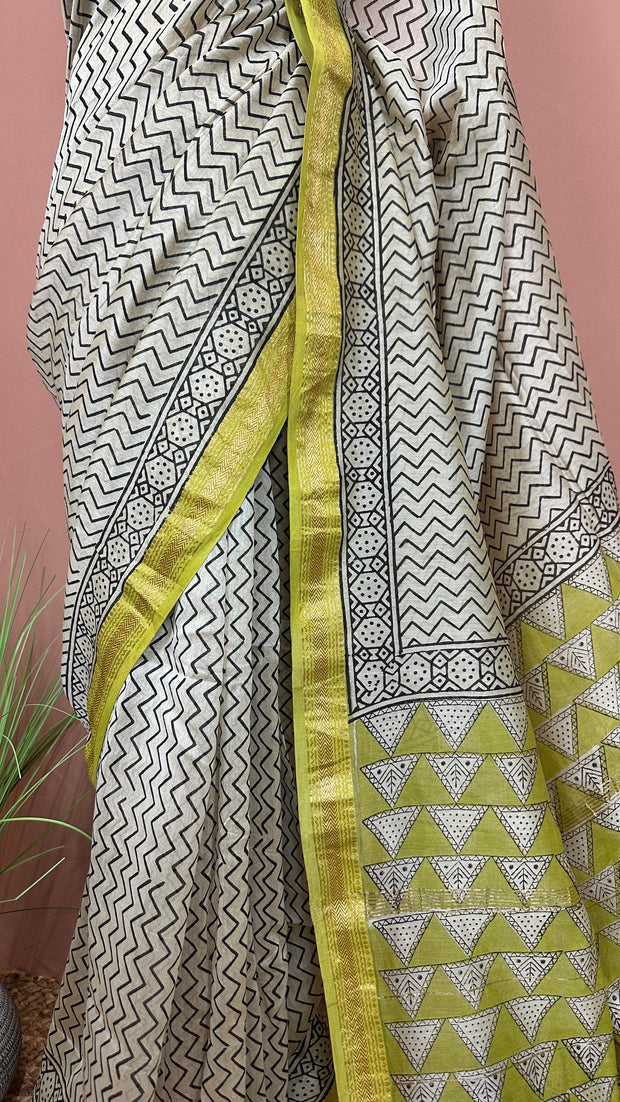 Handblock printed Maheswari cotton silk saree