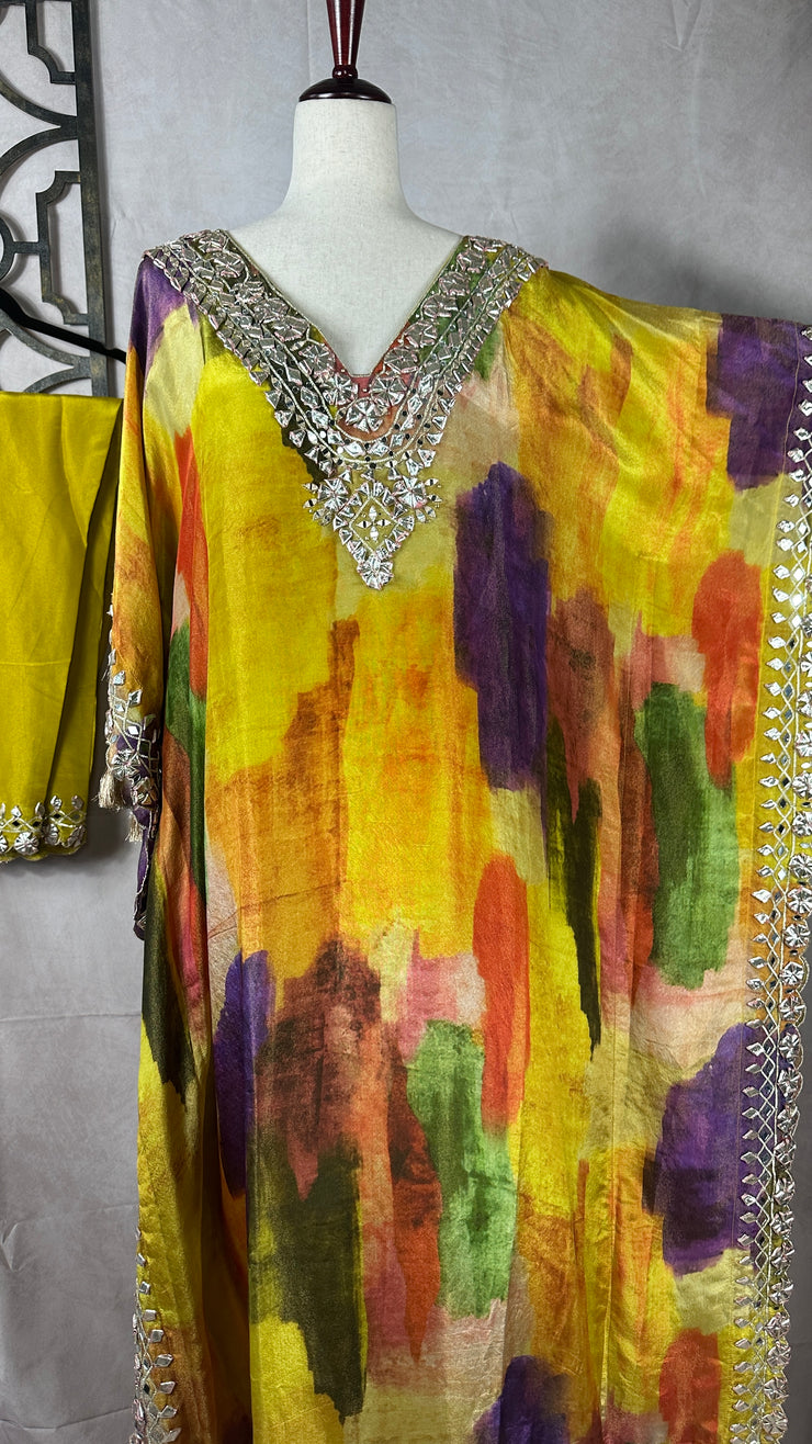 Yellow printed kaftan with bottom