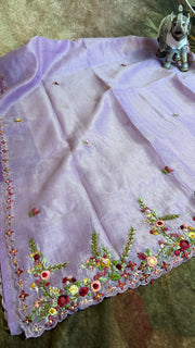 Lilac tissue linen saree with hand emroidery and stitched blouse