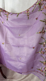 Lilac tissue linen saree with hand emroidery and stitched blouse