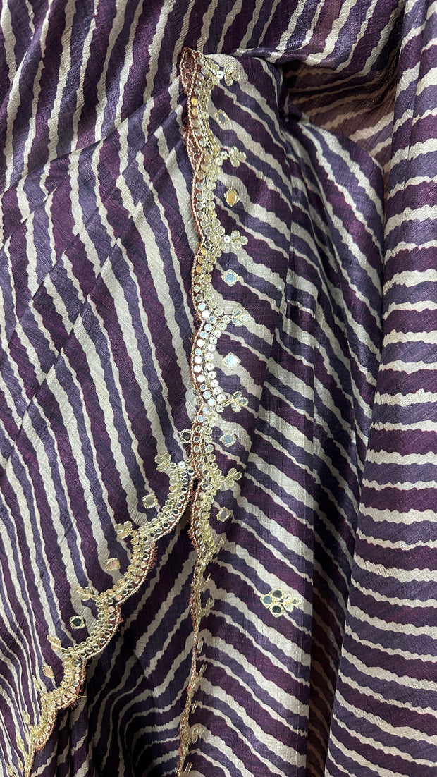 Dark Eggplant Tussar Silk Saree with Gotta Work and stitched blouse