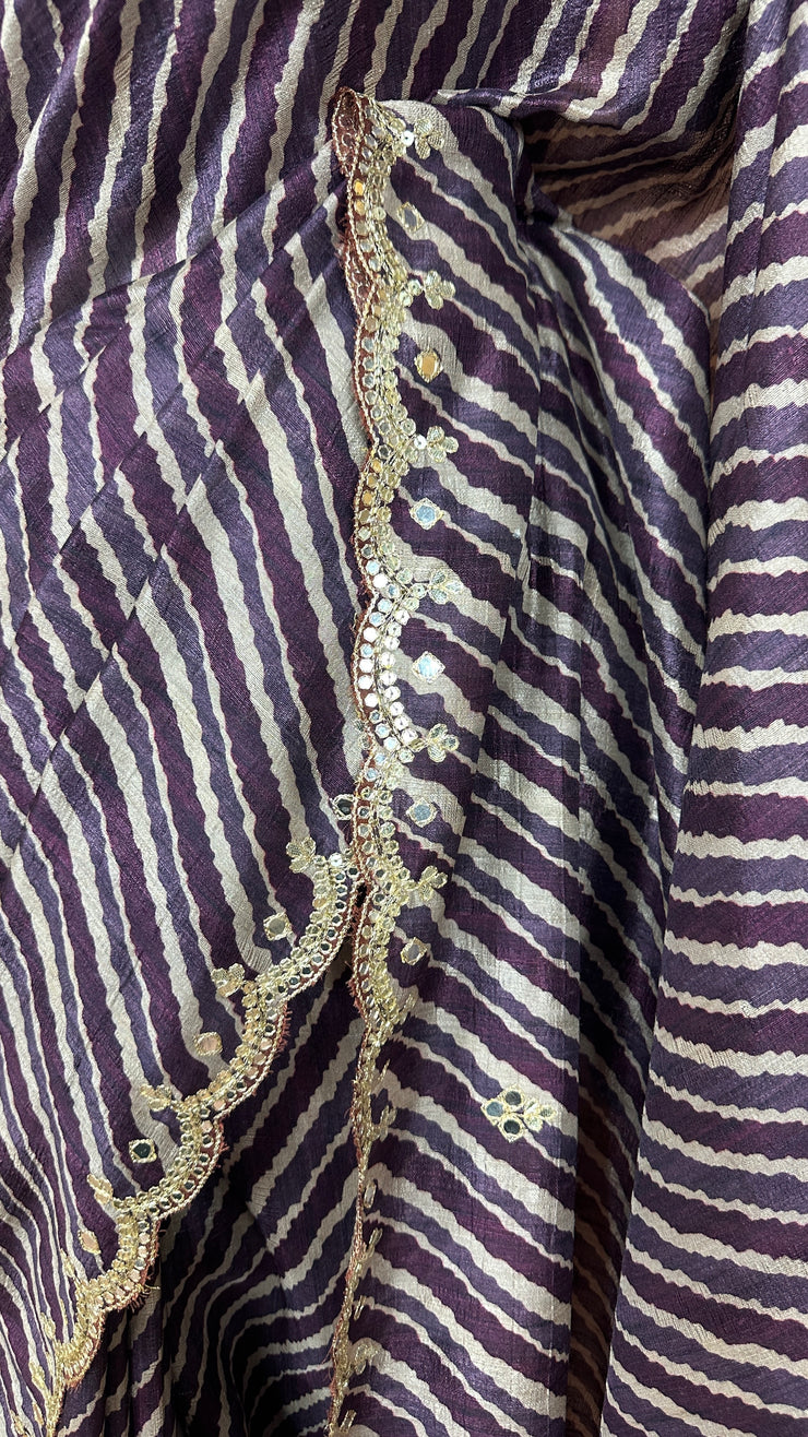 Dark Eggplant Tussar Silk Saree with Gotta Work and stitched blouse