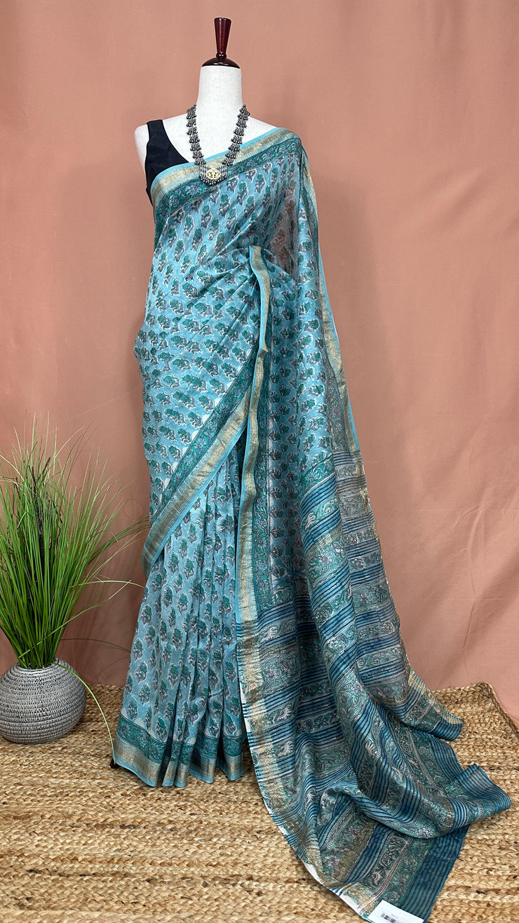 Handblock printed Maheswari cotton silk saree