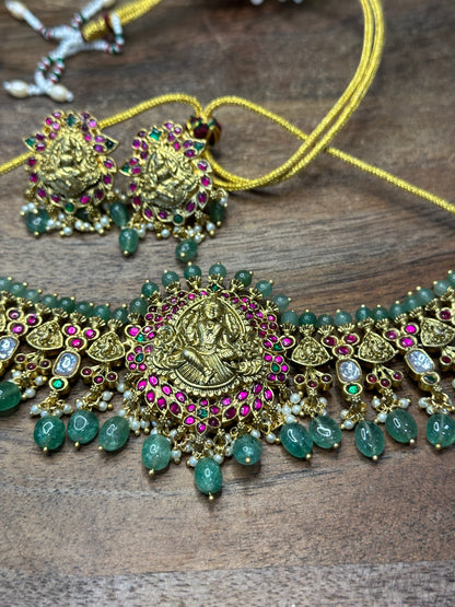 Nakshi lakshmi necklace with Kundan, kemp stone and earring