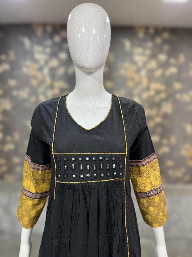 Balck kurti with real mirror and Ajrakh patch work