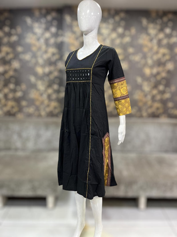 Balck kurti with real mirror and Ajrakh patch work