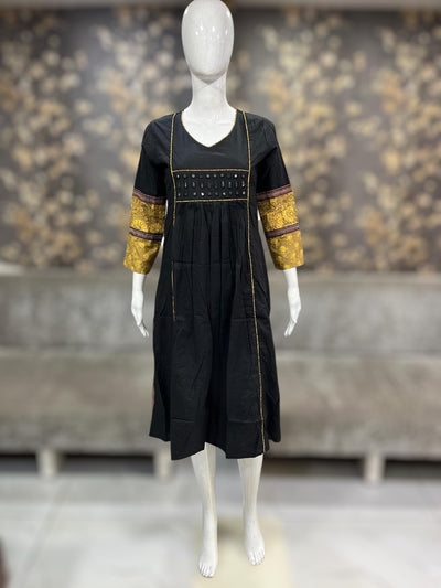 Balck kurti with real mirror and Ajrakh patch work