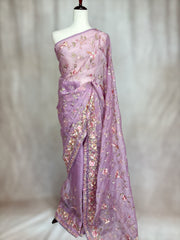 Lilac soft organza saree with Parsi gara machine embroidery work , with stitched blouse