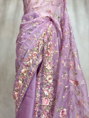 Lilac soft organza saree with Parsi gara machine embroidery work , with stitched blouse