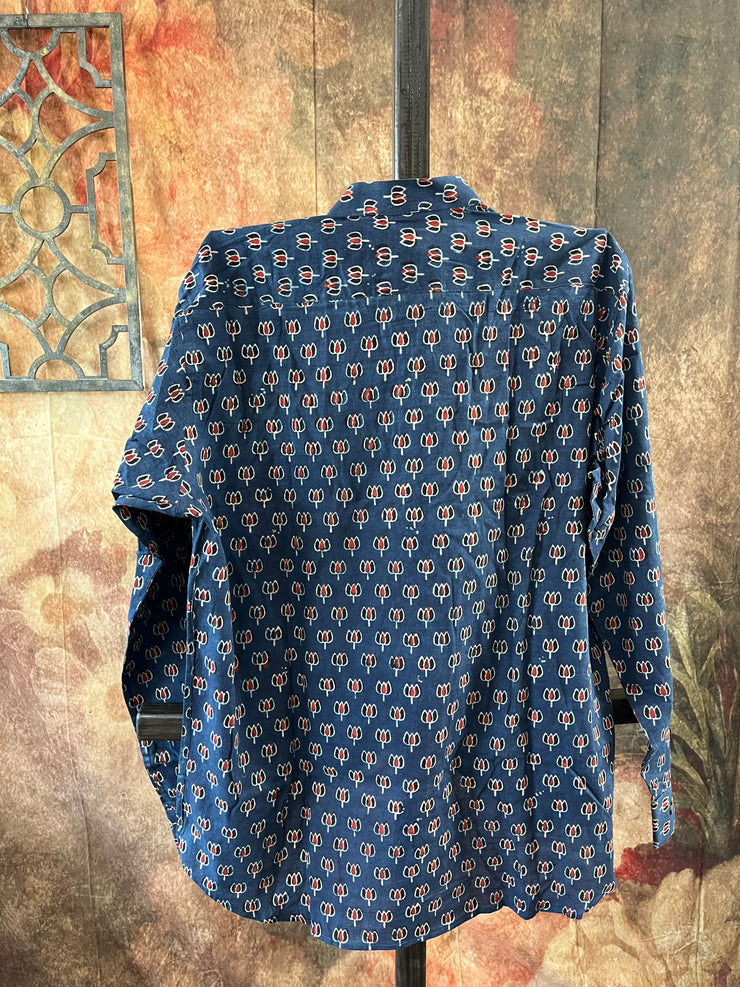 Indigo blue ajrakh hand block printed cotton shirt- Size 44