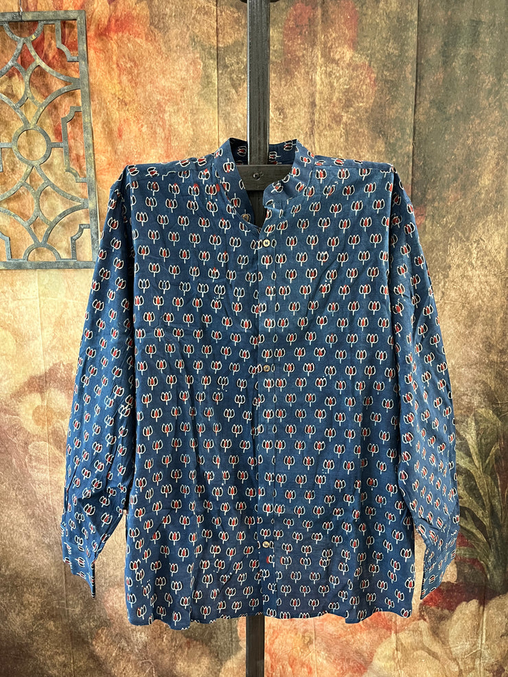 Indigo blue ajrakh hand block printed cotton shirt- Size 44