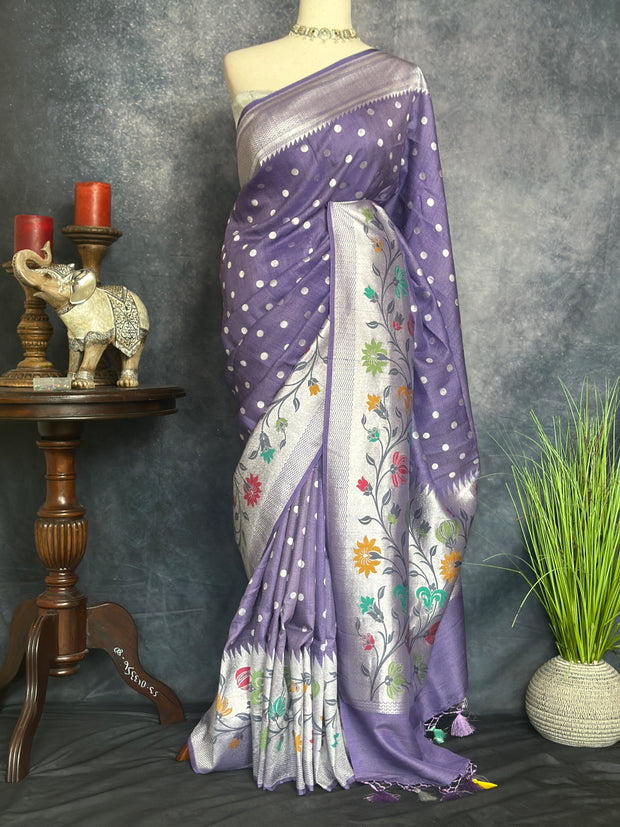 Pure tussar georgette hand loom banarsi saree with Paithani border, stitched blouse