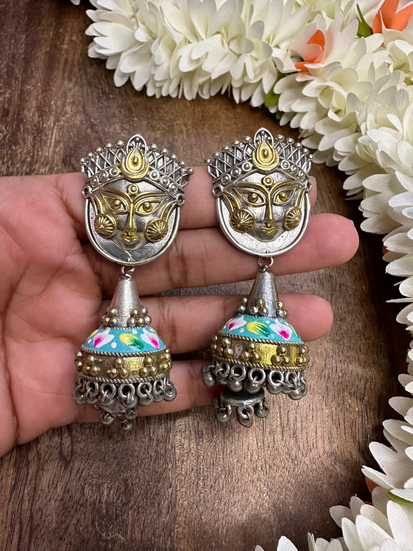 Silver replica blue meenakari jhumka