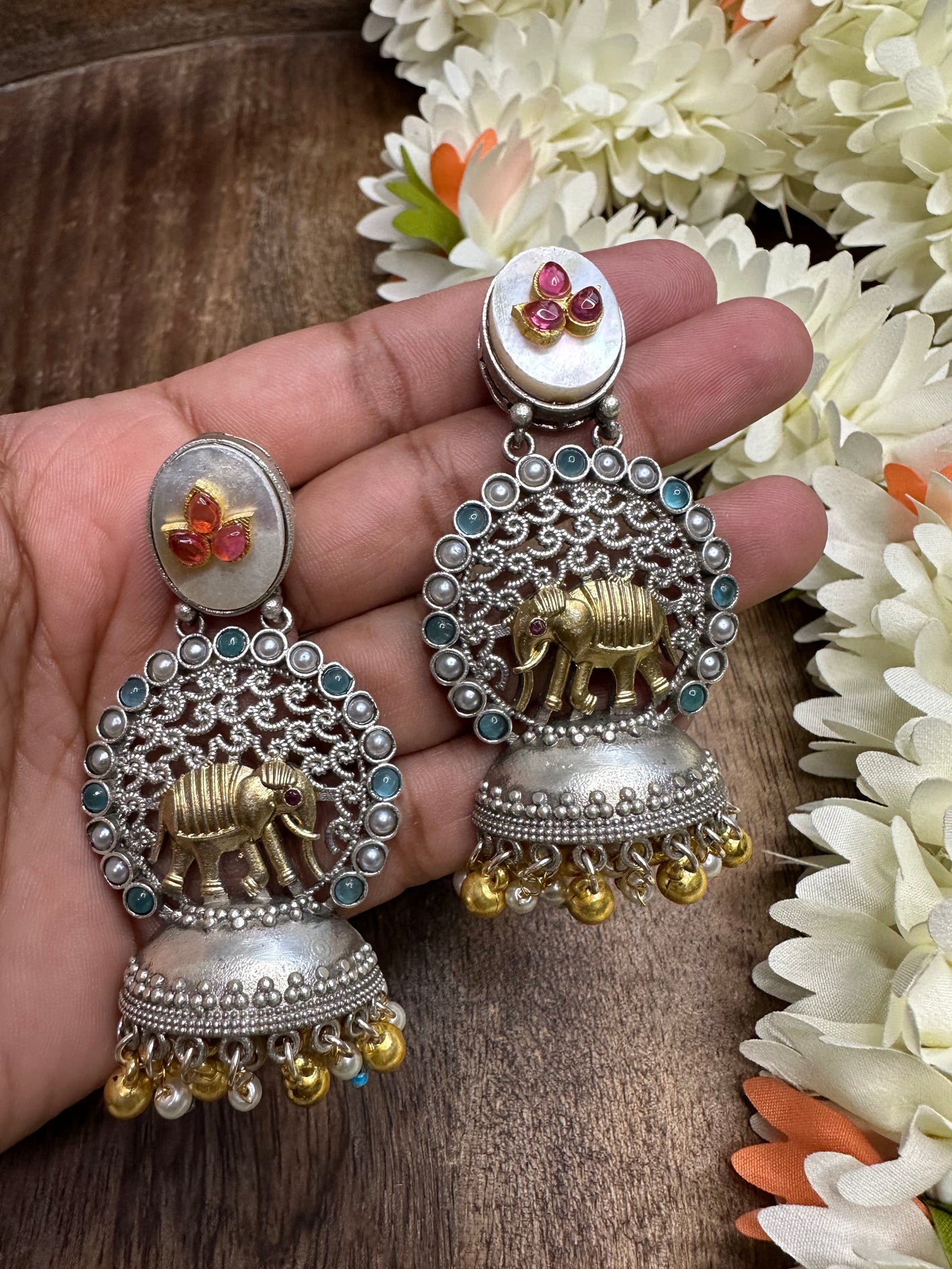 Elephant half jhumka with blue stone