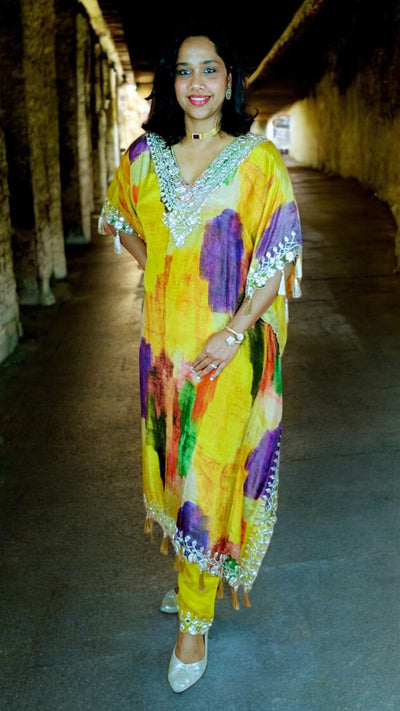 Yellow printed kaftan with bottom