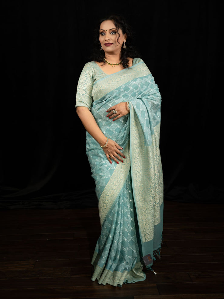 Light blue pure banarsi georgette saree with chikan work, stitched blouse