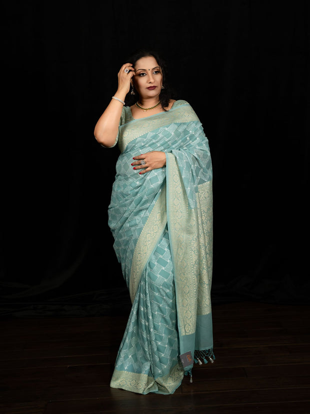 Light blue pure banarsi georgette saree with chikan work, stitched blouse