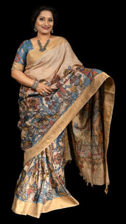 Kalamkari Hand Painted Pure Tussar Saree with stitched blouse