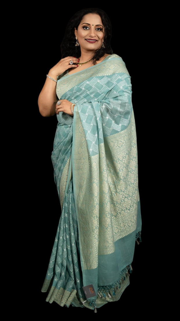 Light blue pure banarsi georgette saree with chikan work, stitched blouse