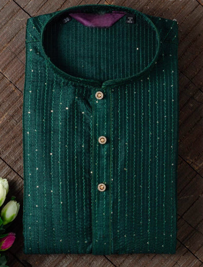 Bottle green silk kurta with sequins work