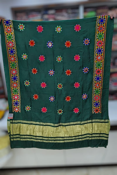 Bottle green Cotton silk dupatta with mirror work