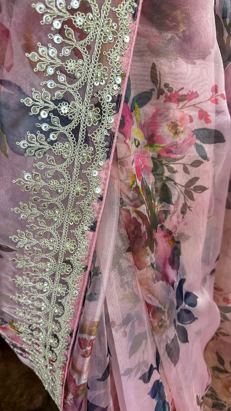 Pastel pink printed designer organza saree, with BP