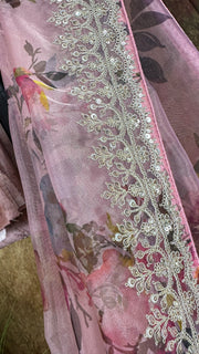 Pastel pink printed designer organza saree, with BP