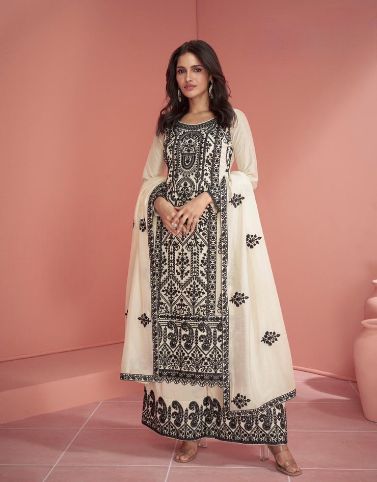 White and Black Pakistani style kurti with bottom and dupatta