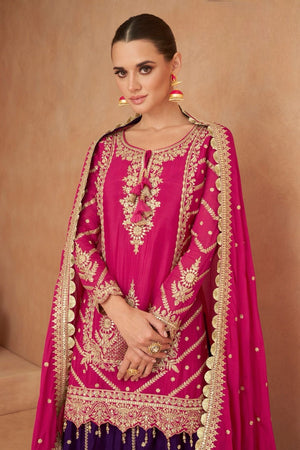 Pink and purple short top with skirt and dupatta