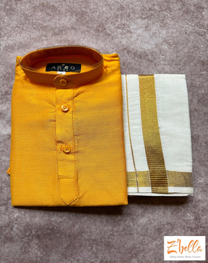 Boys Mustard Yellow Kurta And Velcro Mundu Set Boy Kids Set