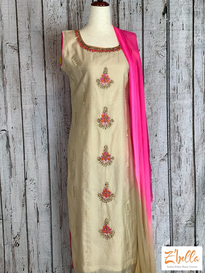 Creme Color Top With Pink And Gold Embroidery Dupatta Churi Bottom Salwar Suit