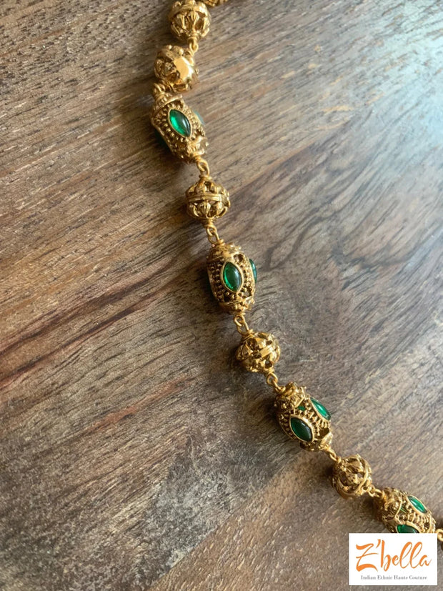 Gold And Green Bead Short Chain Necklace