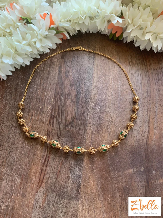 Gold And Green Bead Short Chain Necklace