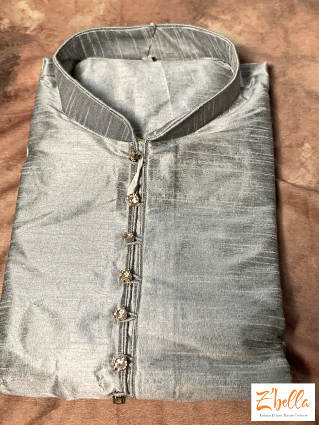 Grey Silk Kurta With Grey Pants Kurta Set