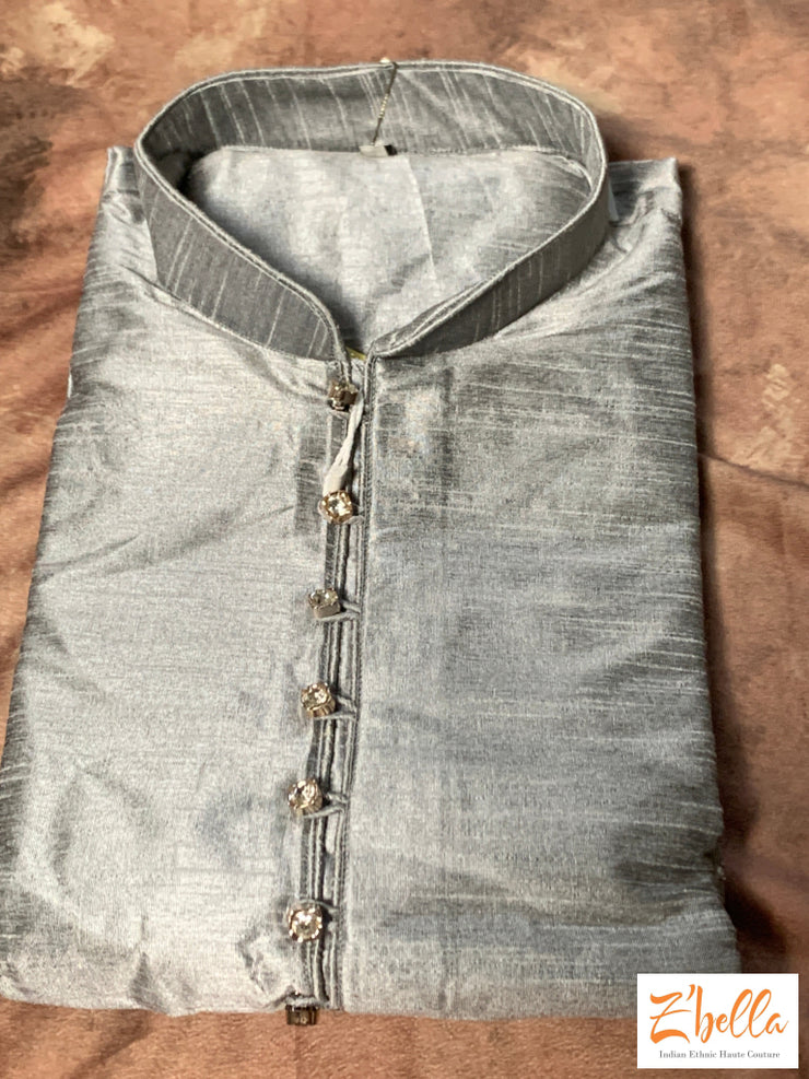 Grey Silk Kurta With Grey Pants Kurta Set