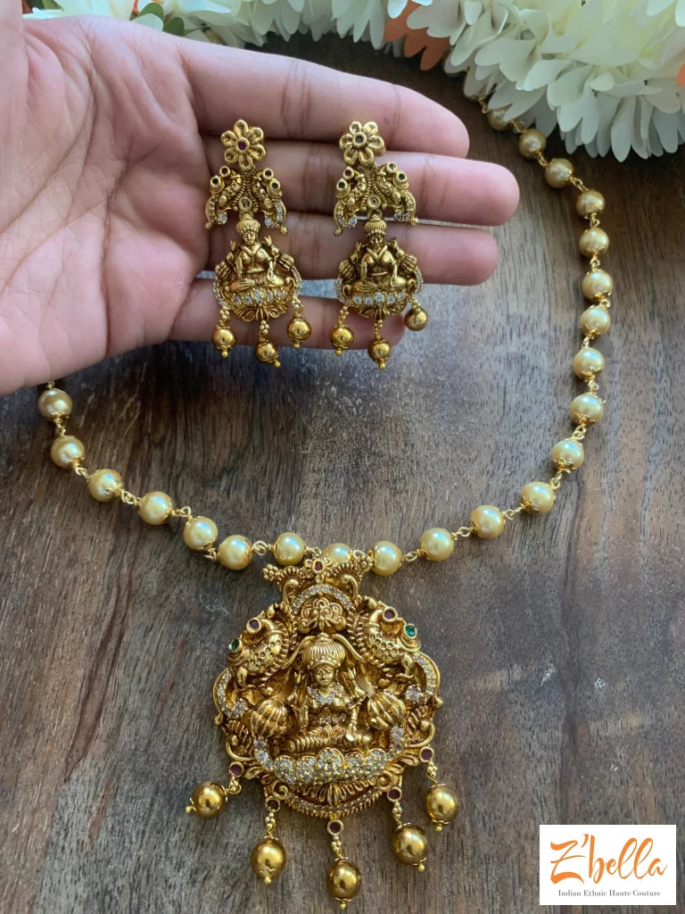 Lakshmi Pendent With Pearl Chain And Earrings Necklace