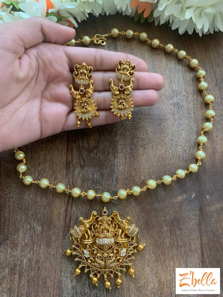 Lakshmi Pendent With Pearl Chain And Earrings Necklace