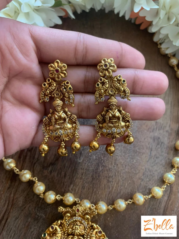 Lakshmi Pendent With Pearl Chain And Earrings Necklace