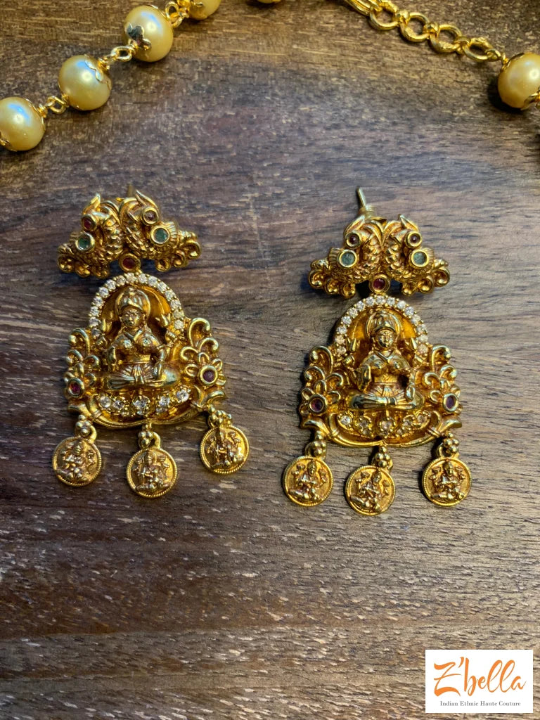 Lakshmi Pendent With Pearl Chain And Earrings Necklace