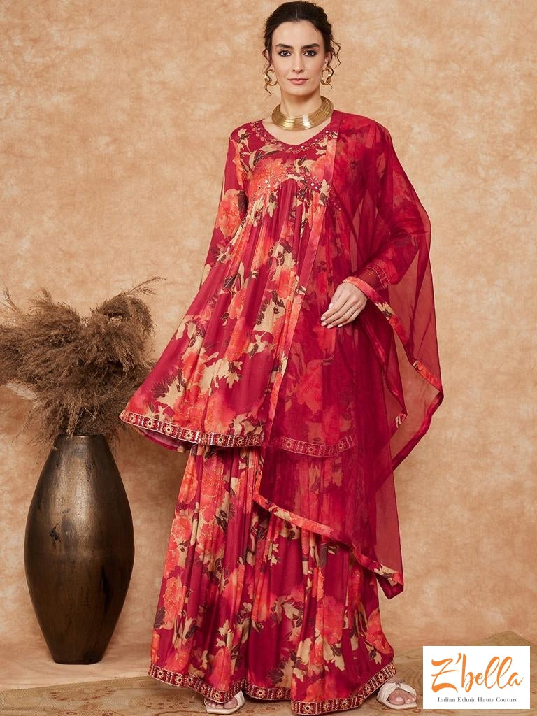 Peach and wine red peplum kurti and ghararah bottom – Z'Bella Couture