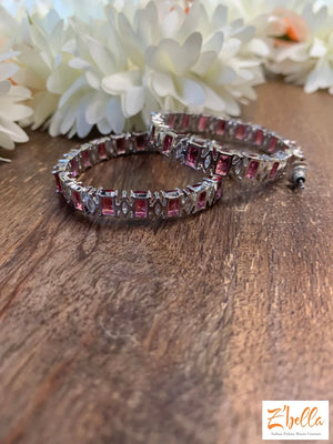 Pink Ad Stone Hoop Earrings Silver Tone